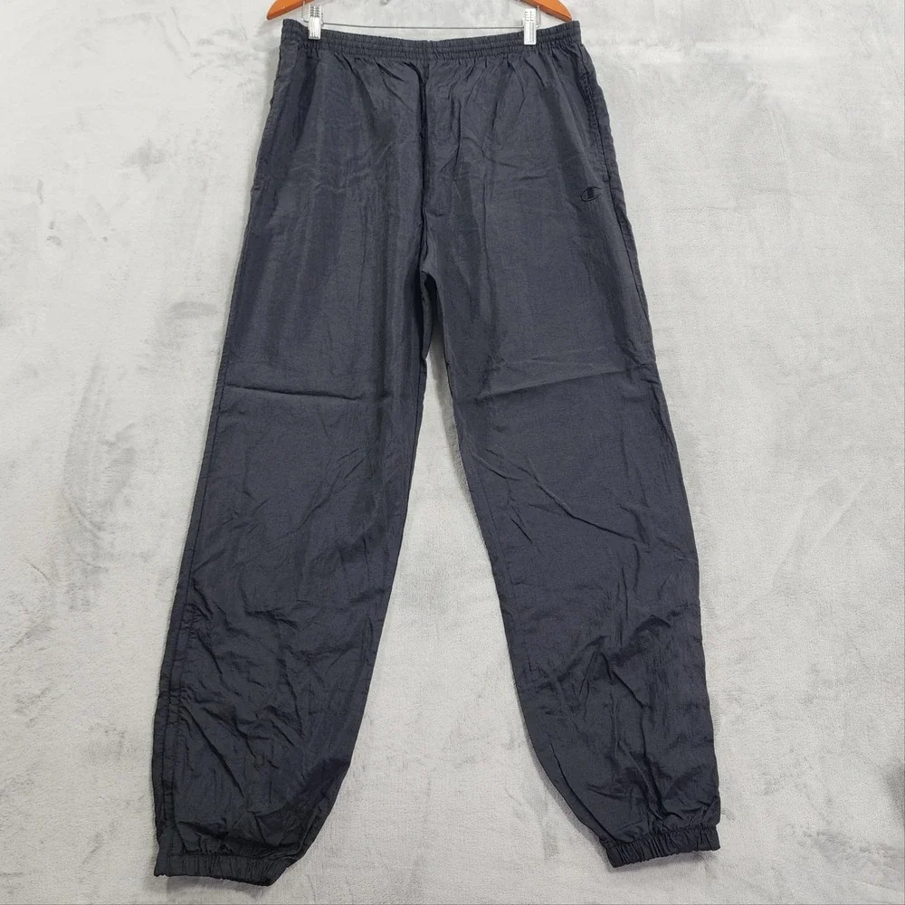 Vintage Champion Pants Mens L Black Nylon Track Jogger Zip Hem Lightweight